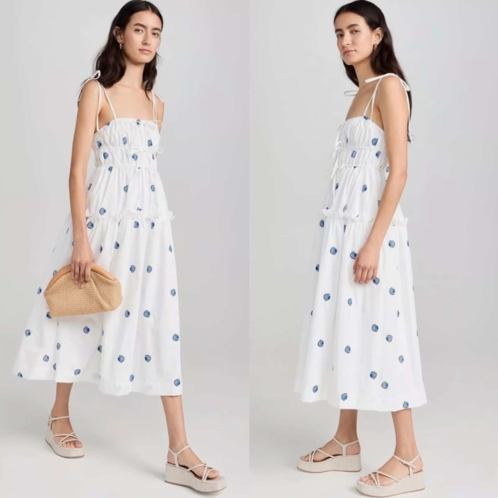 Joie Womens White Blue Seashell Embroidered Smocked Tiered Midi Dress Size M NEW